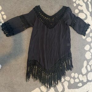 NWOT Black Crochet Fringe V-Neck Tunic coverup